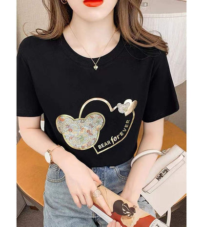 Short-Sleeve Crew Neck Bear Print  Tee
