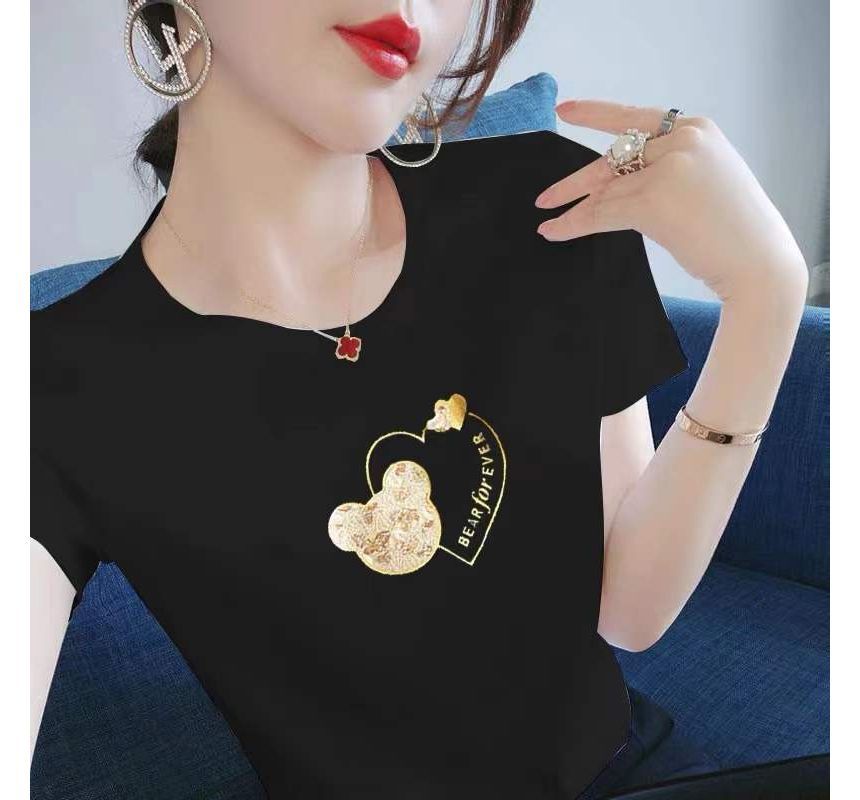 Short-Sleeve Crew Neck Bear Print  Tee