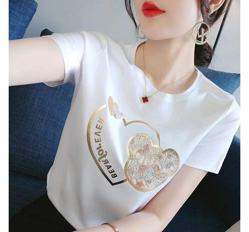 Short-Sleeve Crew Neck Bear Print  Tee