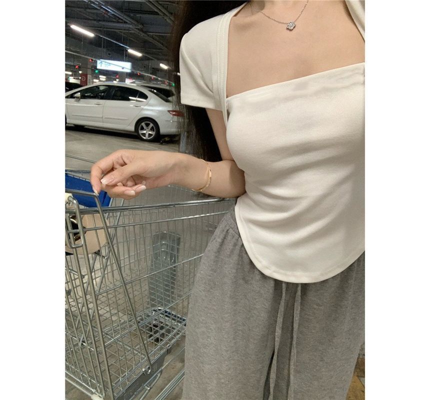 Short-Sleeve Square Neck Plain T-Shirt