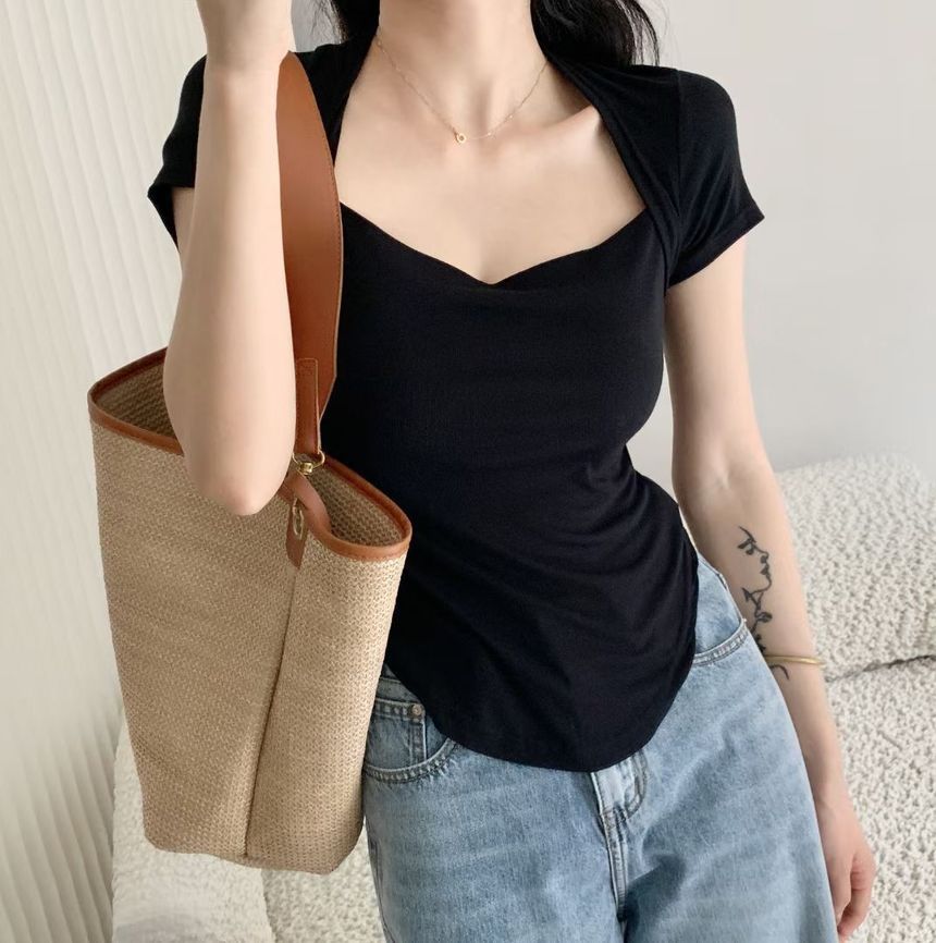 Short-Sleeve Square Neck Plain T-Shirt