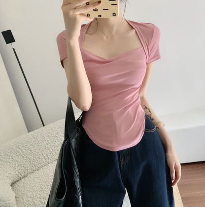 Short-Sleeve Square Neck Plain T-Shirt