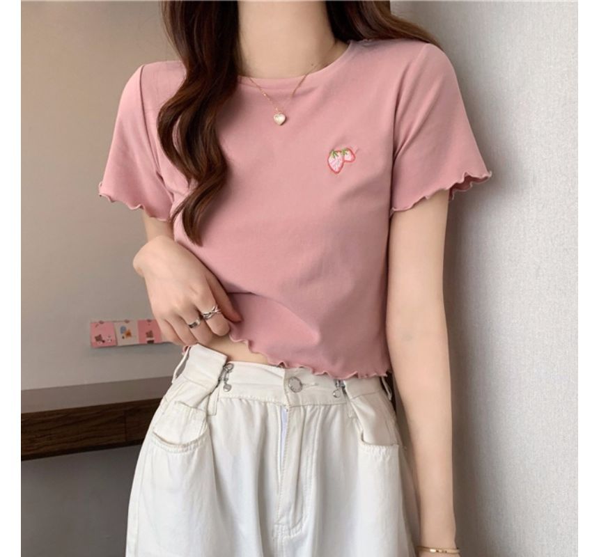 Short-Sleeve Crew Neck Embroidered Crop T-Shirt