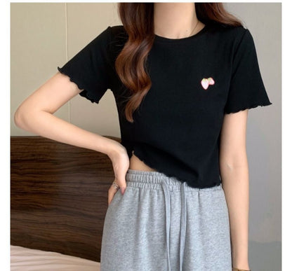 Short-Sleeve Crew Neck Embroidered Crop T-Shirt