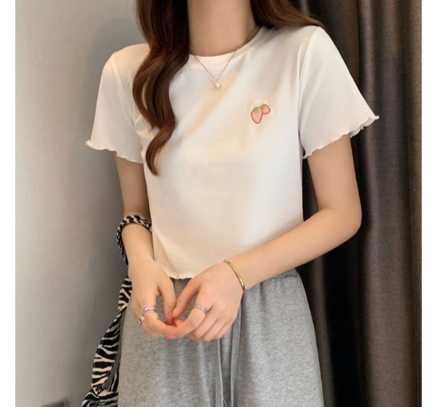 Short-Sleeve Crew Neck Embroidered Crop T-Shirt