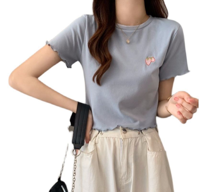 Short-Sleeve Crew Neck Embroidered Crop T-Shirt