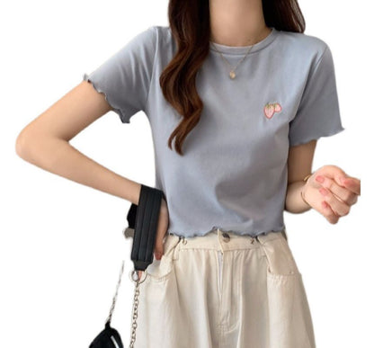 Short-Sleeve Crew Neck Embroidered Crop T-Shirt