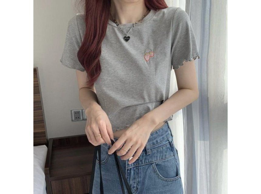Short-Sleeve Crew Neck Embroidered Crop T-Shirt