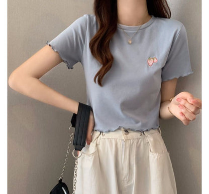 Short-Sleeve Crew Neck Embroidered Crop T-Shirt