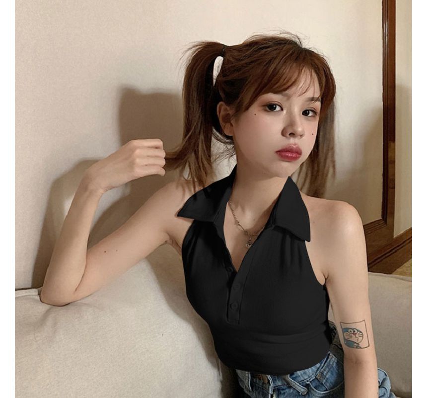 Sleeveless Plain Crop Polo Shirt