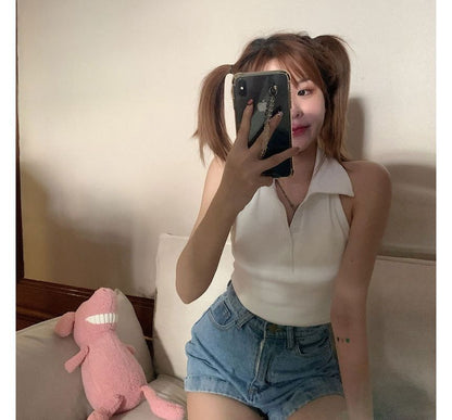 Sleeveless Plain Crop Polo Shirt