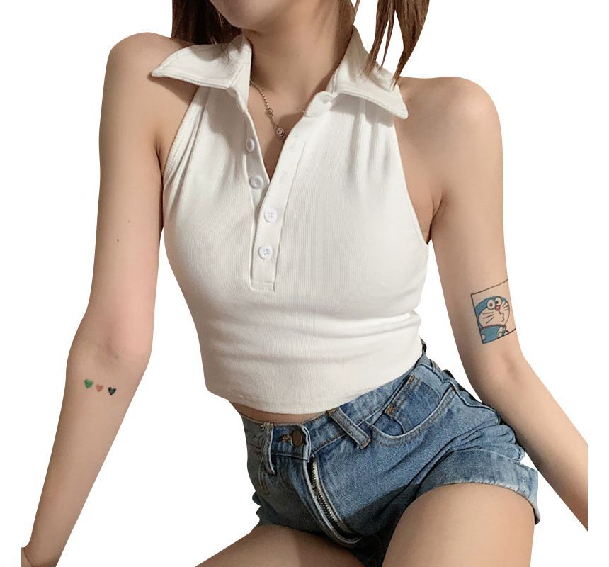 Sleeveless Plain Crop Polo Shirt