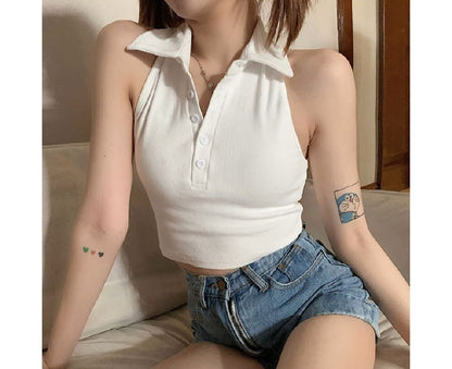 Sleeveless Plain Crop Polo Shirt