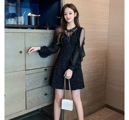 Puff-Sleeve Ruffled Collar Bow Sequined A-Line Cocktail Dress