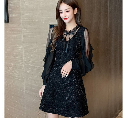 Puff-Sleeve Ruffled Collar Bow Sequined A-Line Cocktail Dress