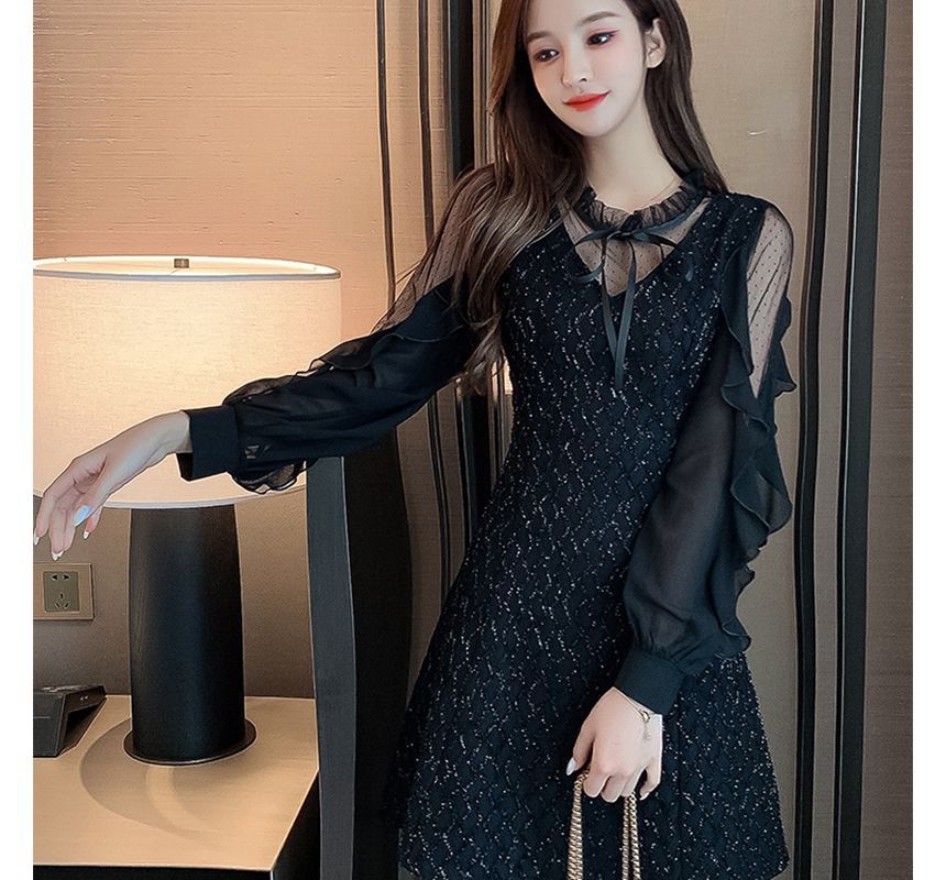 Puff-Sleeve Ruffled Collar Bow Sequined A-Line Cocktail Dress