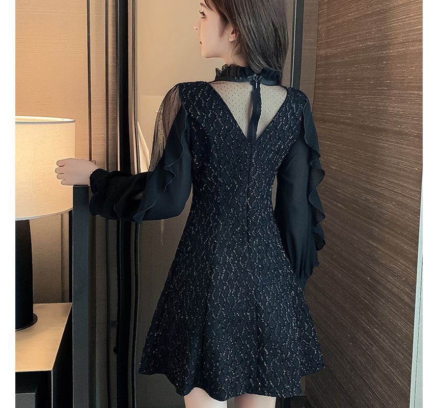 Puff-Sleeve Ruffled Collar Bow Sequined A-Line Cocktail Dress