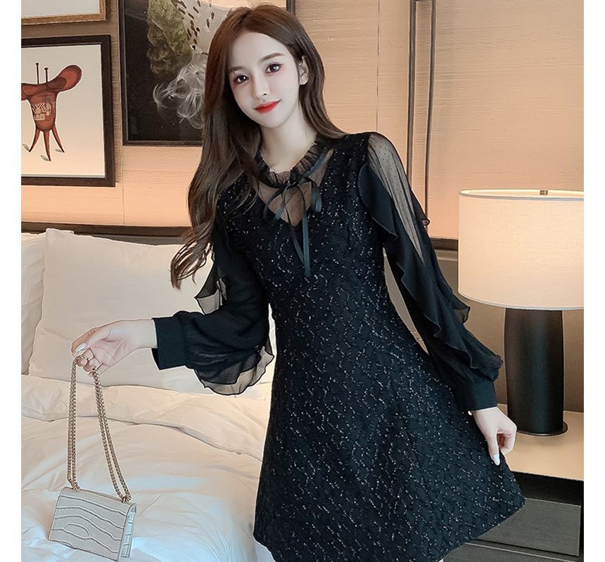 Puff-Sleeve Ruffled Collar Bow Sequined A-Line Cocktail Dress