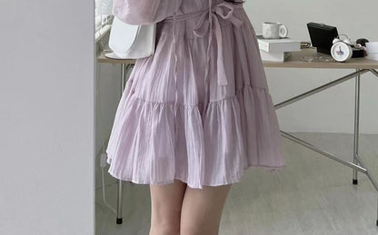 Long-Sleeve Tie-Neck Sashed Plain Mini A-Line Dress