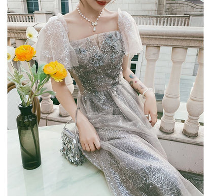 A-Line Short-Sleeve Evening Cocktail Flower Dress Gown / Accent