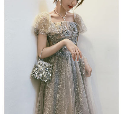 A-Line Short-Sleeve Evening Cocktail Flower Dress Gown / Accent