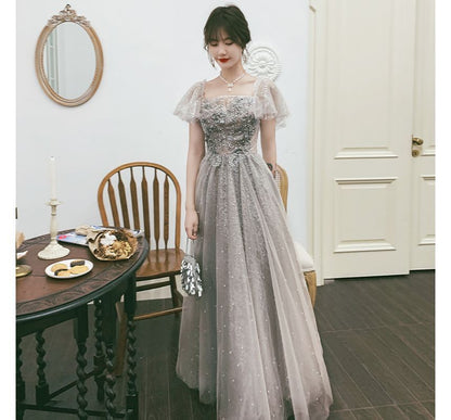 A-Line Short-Sleeve Evening Cocktail Flower Dress Gown / Accent