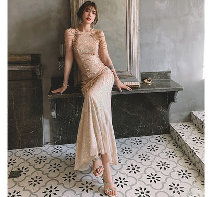 Gown Halter Evening Sequin Mermaid