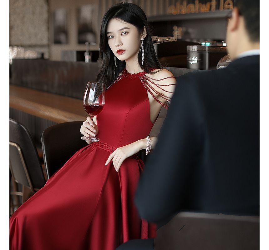 Halter Plain Evening A-Line Gown