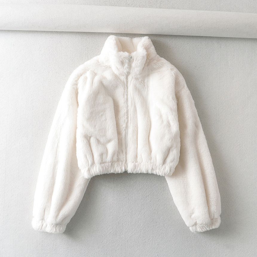 Stand Collar Plain Fluffy Crop Zip-Up Jacket
