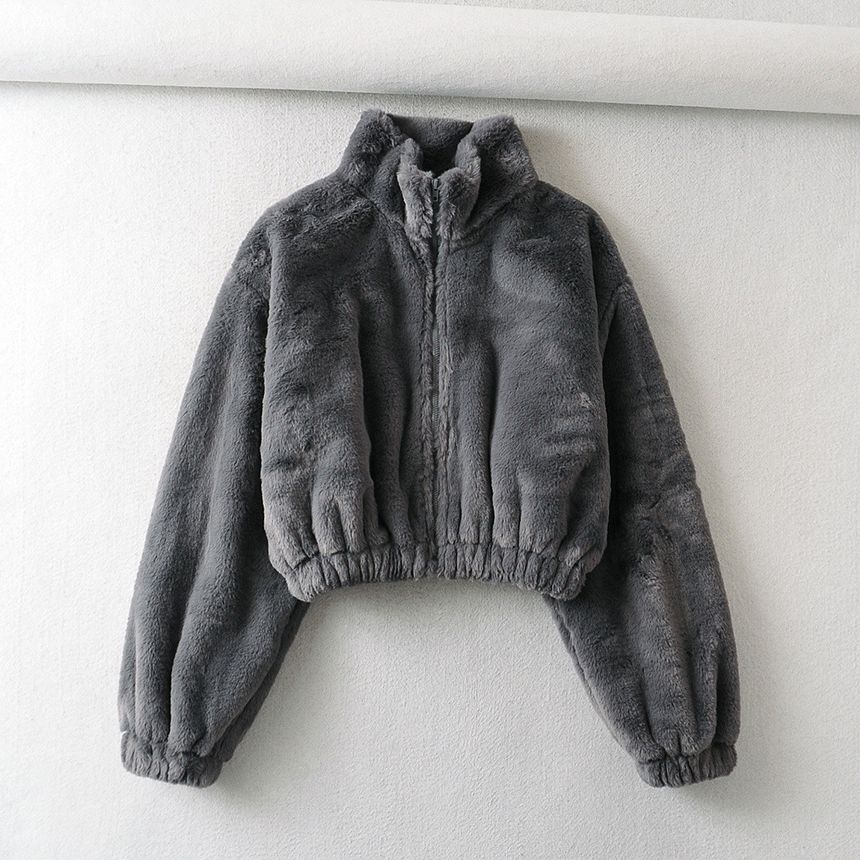 Stand Collar Plain Fluffy Crop Zip-Up Jacket