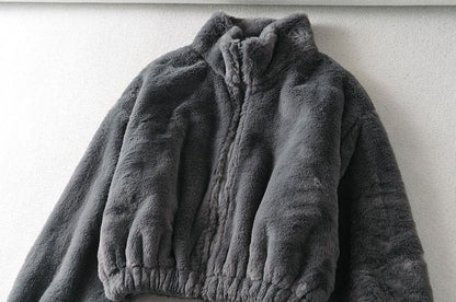 Stand Collar Plain Fluffy Crop Zip-Up Jacket