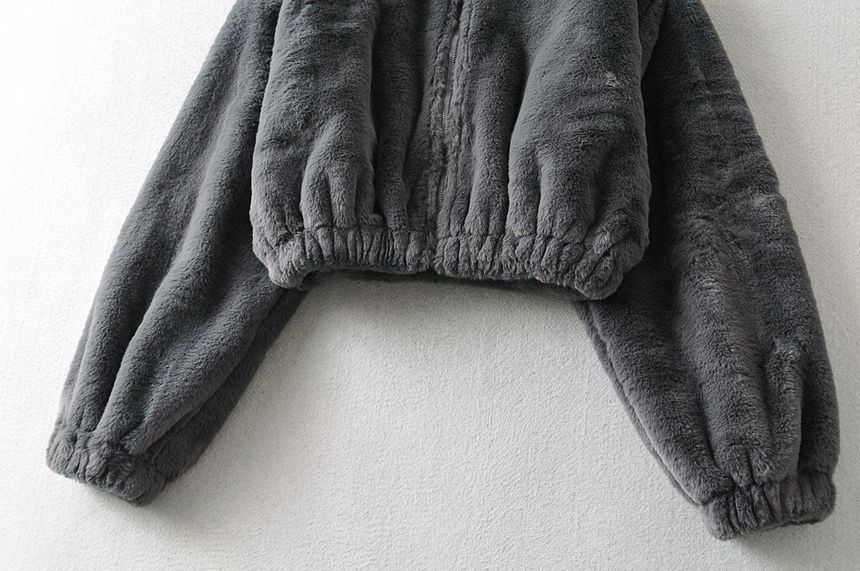 Stand Collar Plain Fluffy Crop Zip-Up Jacket
