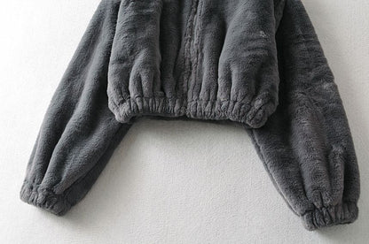Stand Collar Plain Fluffy Crop Zip-Up Jacket