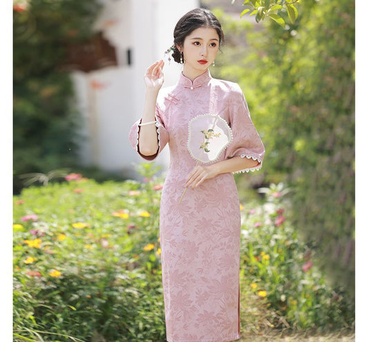 Elbow-Sleeve Faux Pearl Accent Floral Print Lace Trim Midi Qipao