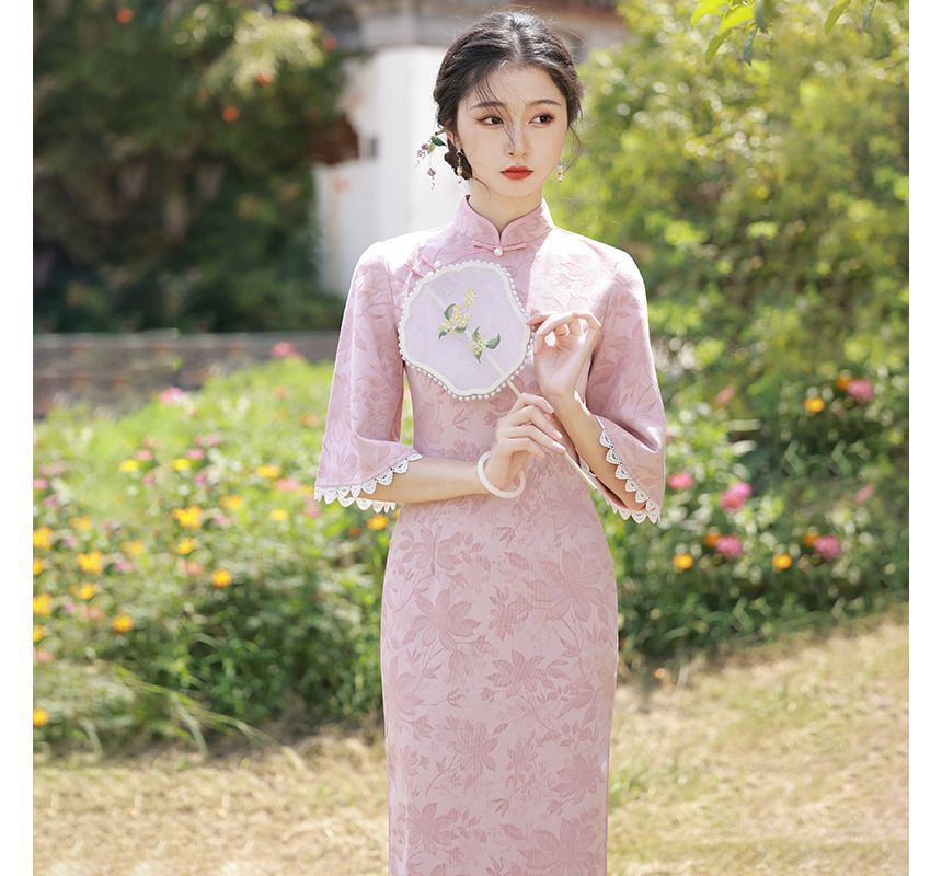 Elbow-Sleeve Faux Pearl Accent Floral Print Lace Trim Midi Qipao