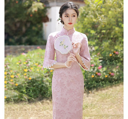 Elbow-Sleeve Faux Pearl Accent Floral Print Lace Trim Midi Qipao