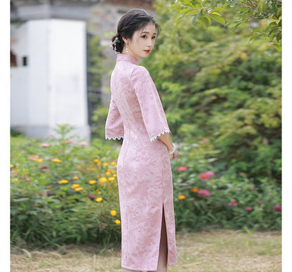 Elbow-Sleeve Faux Pearl Accent Floral Print Lace Trim Midi Qipao