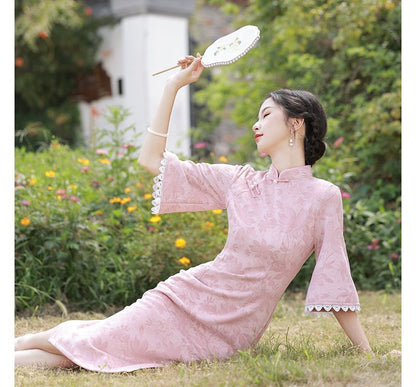 Elbow-Sleeve Faux Pearl Accent Floral Print Lace Trim Midi Qipao