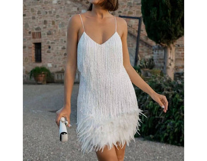 Spaghetti Strap V-Neck Fringe Feather Trim Mini A-Line Party Dress
