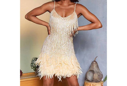 Spaghetti Strap V-Neck Fringe Feather Trim Mini A-Line Party Dress