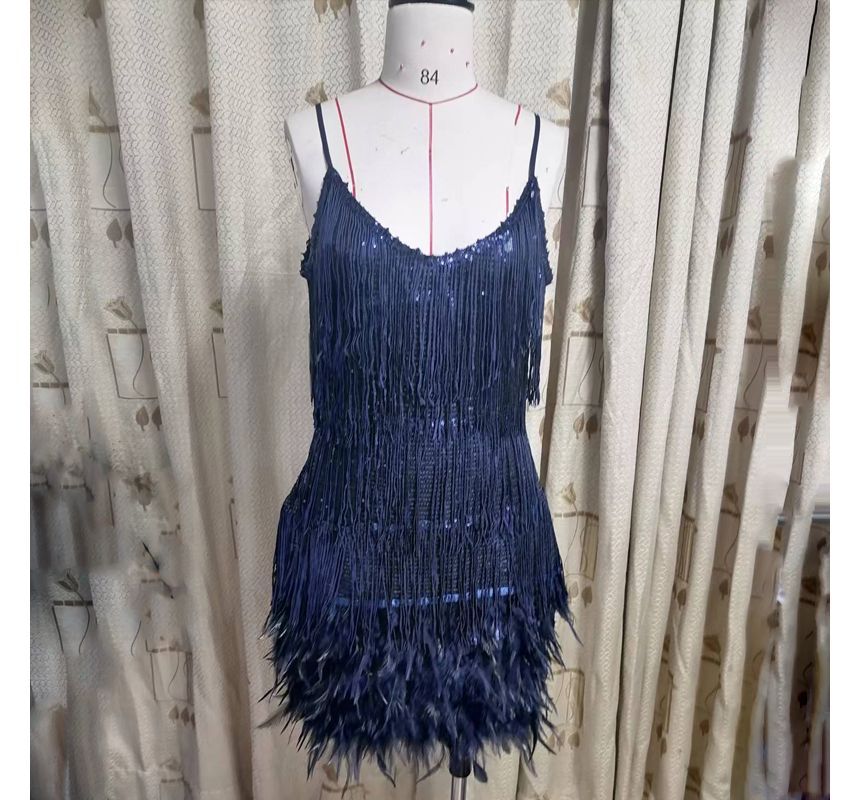 Spaghetti Strap V-Neck Fringe Feather Trim Mini A-Line Party Dress