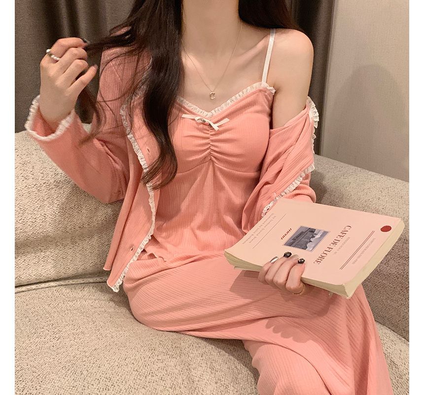 Lace-Trim Pajama Set with Shirt and Pants