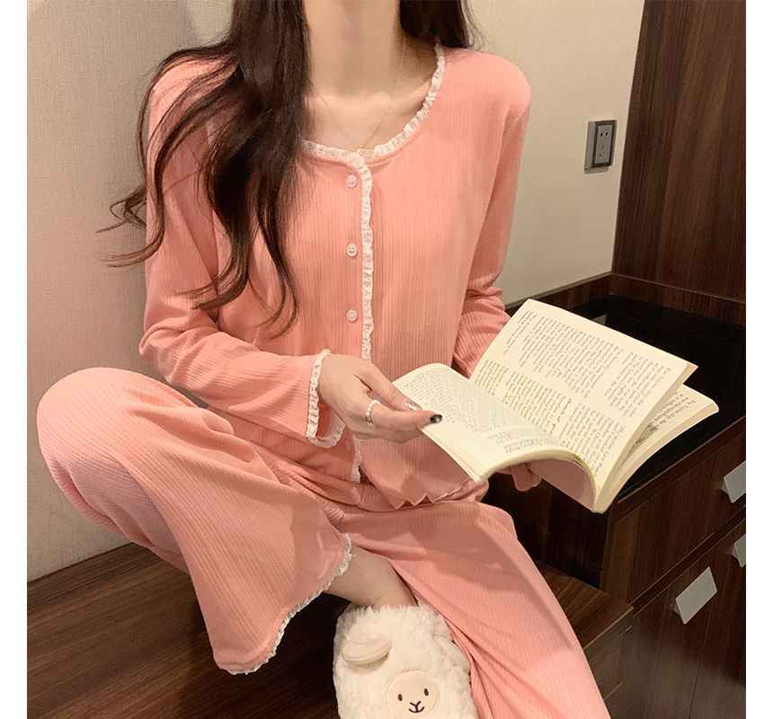 Lace-Trim Pajama Set with Shirt and Pants