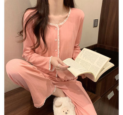 Lace-Trim Pajama Set with Shirt and Pants