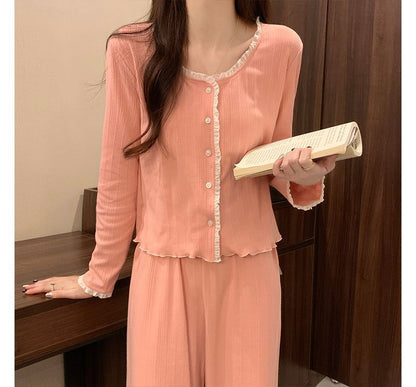 Lace-Trim Pajama Set with Shirt and Pants