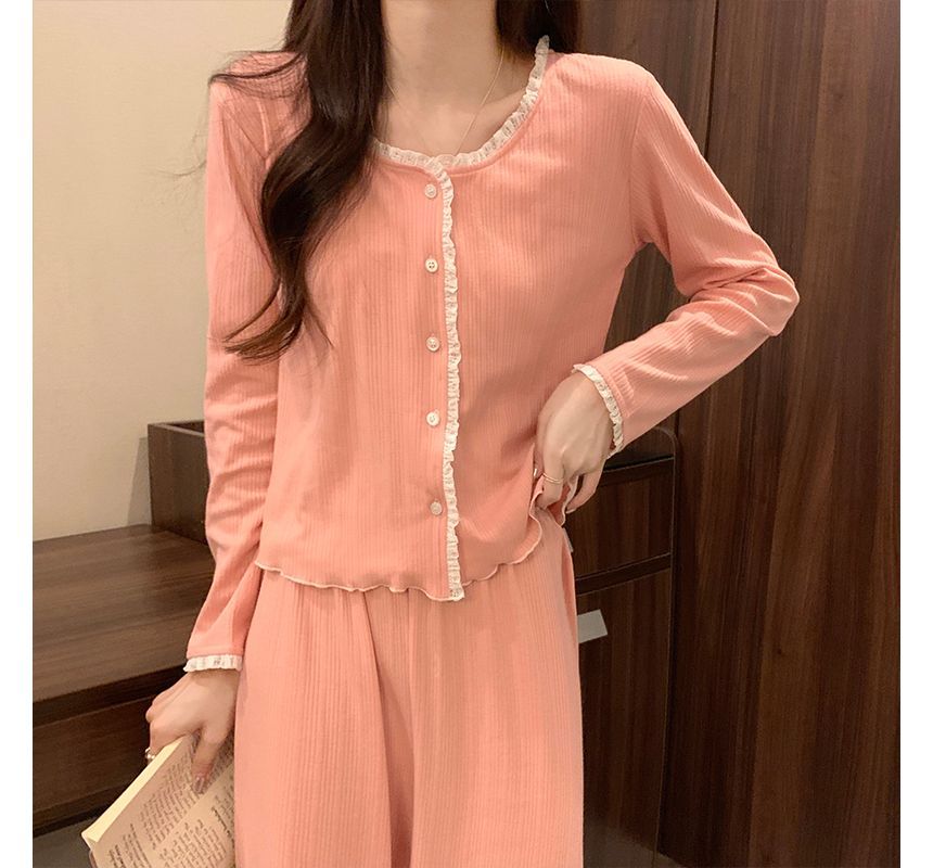 Lace-Trim Pajama Set with Shirt and Pants