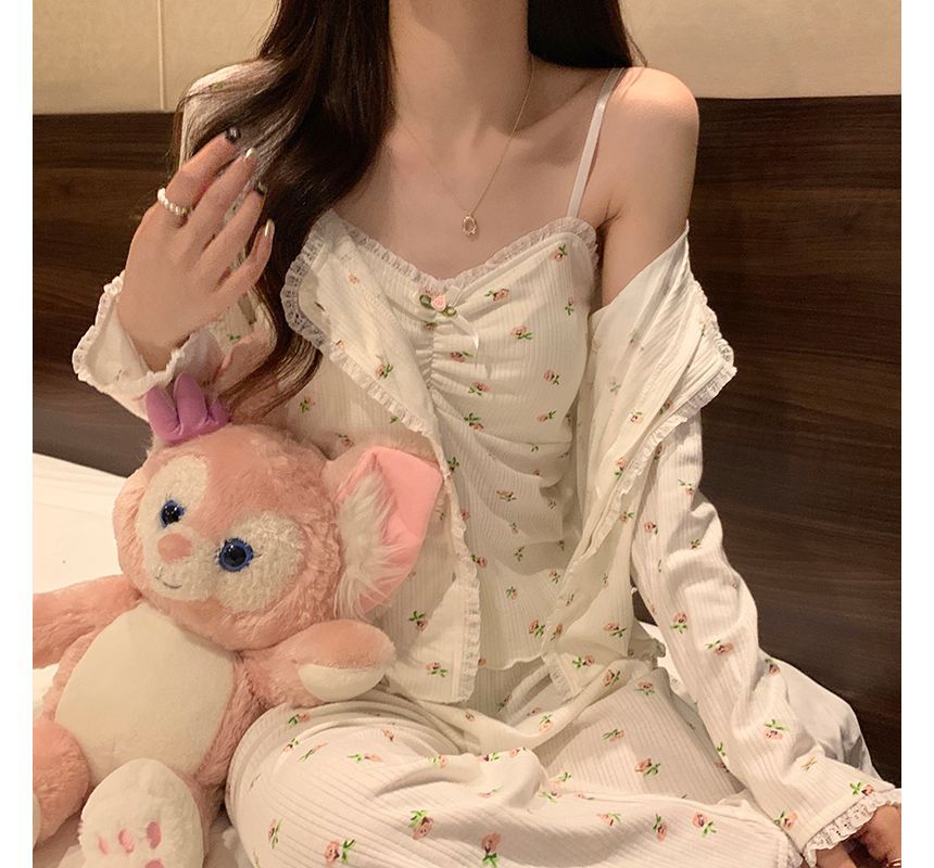 Lace-Trim Pajama Set with Shirt and Pants