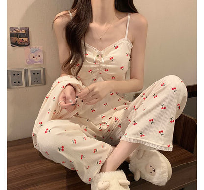 Lace-Trim Pajama Set with Shirt and Pants