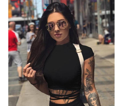 Short-Sleeve Mock Neck Plain Crop T-Shirt