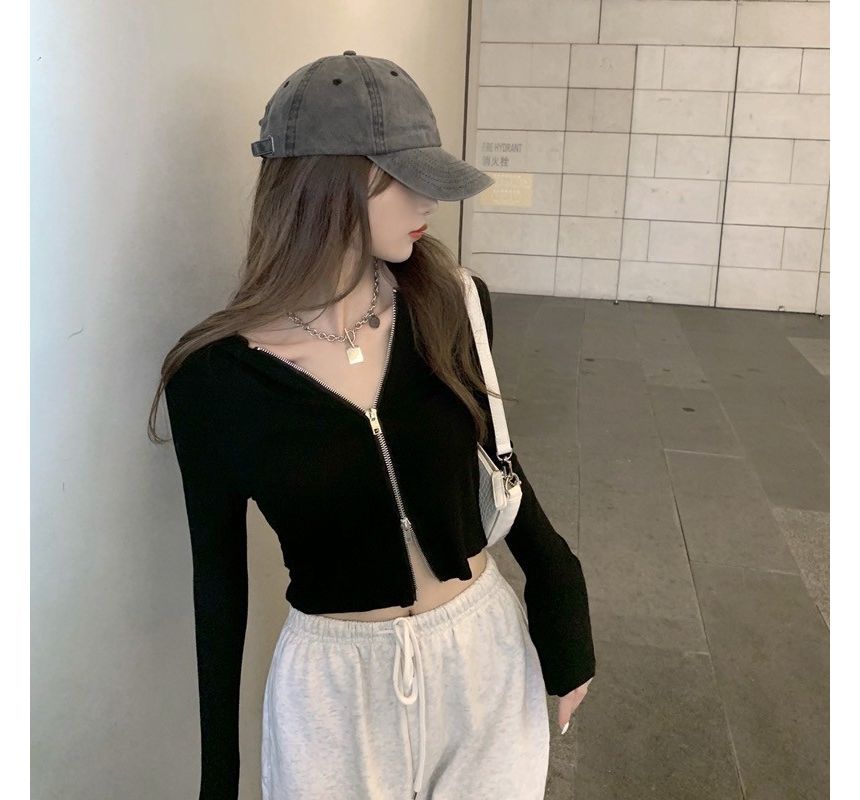 Plain Zip Cropped Hoodie